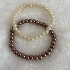 Pearl Bead Stretch Bracelet Set - Ivory & Bronze